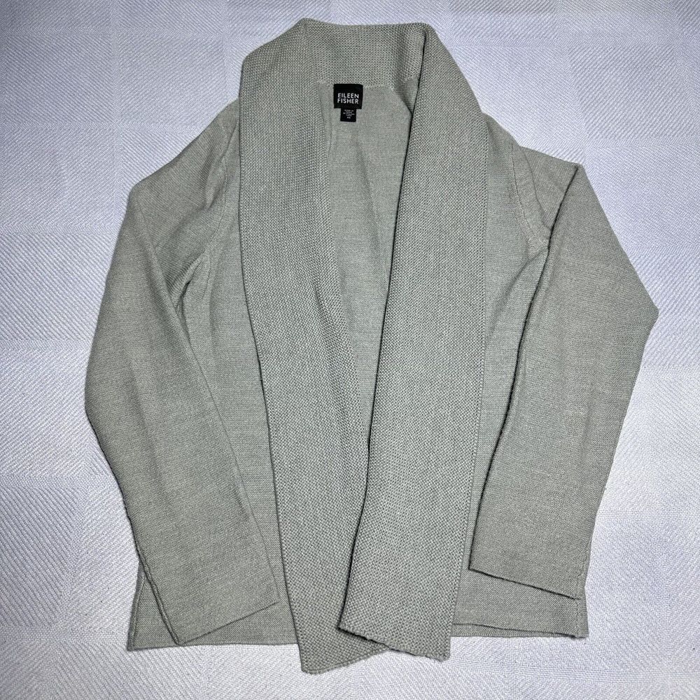 Eileen Fisher Gray Merino Wool Shawl Collar Knit Cardigan Sweater Size XS